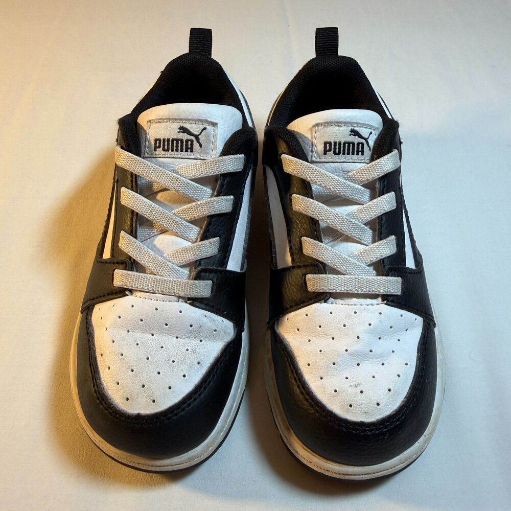 Puma Rebound V6 Lo Kids 10C White Black Faux Leather Comfort Athletic Sneakers